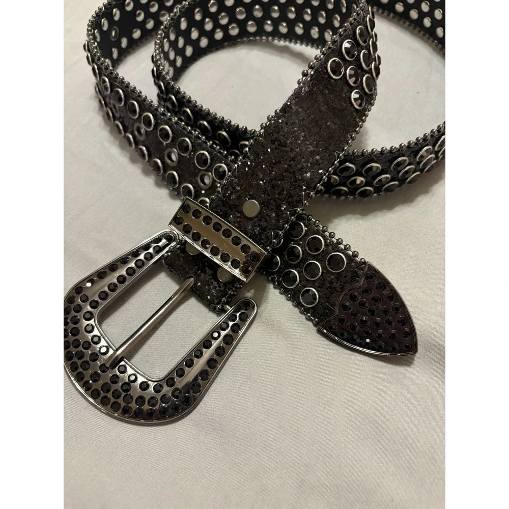 Black Silver Studded Rhinestone Bling Women's Belt with Metallic Buckle